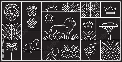 Stylized African Safari Scene with Lion, Lioness, and Iconic Wildlife Elements in a Geometric Mosaic.