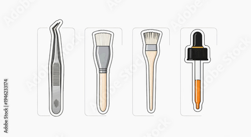 Collection of cosmetic and beauty application tools including tweezers, brushes, and dropper