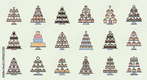 Delightful Assortment of Tiered Dessert Towers and Cupcake Stands, Flat Design Vector Illustrations Featuring Sweet Pastries for Celebrations and Special Occasions