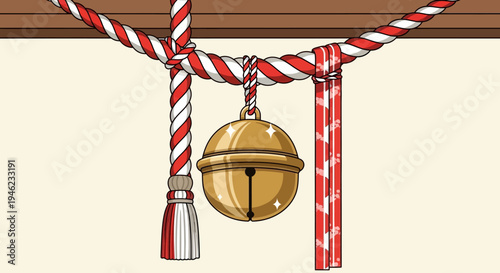 Japanese Shinto Suzu Bell with Red and White Rope Ornament