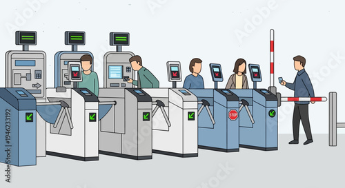 People Passing Through Subway Turnstiles and Ticket Barriers