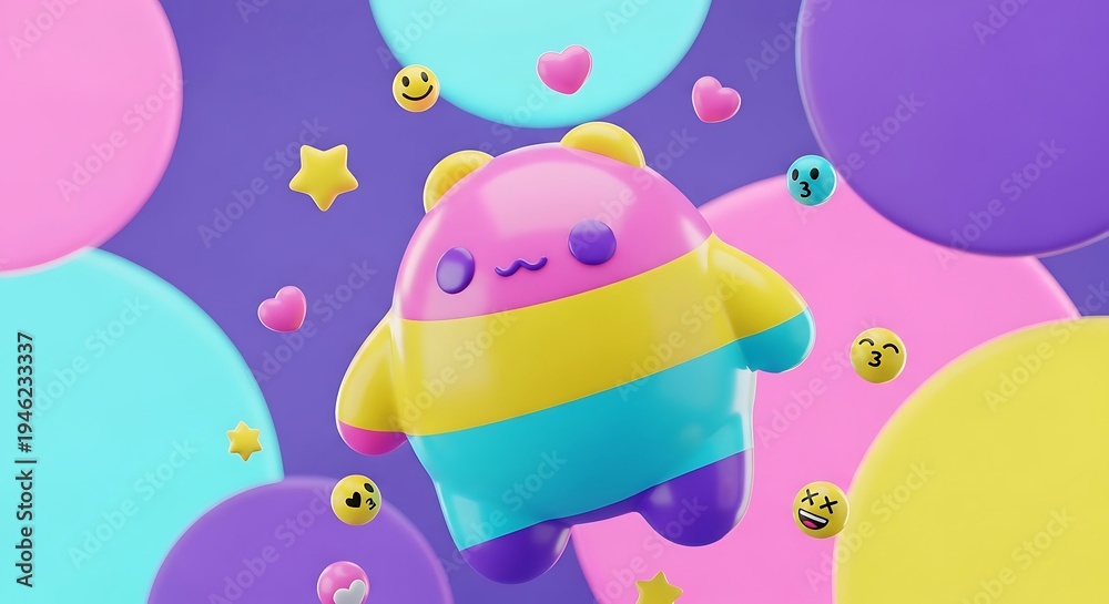 Fototapeta premium Playful Rainbow Creature Floating Amid Colorful Balloons.