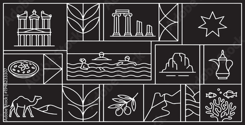 Collage of Jordanian Landmarks and Cultural Icons in a Modern Line Art Style.