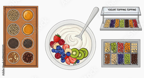 Vibrant illustration of a customizable yogurt bar, showcasing a creamy bowl with diverse fresh fruits, crunchy nuts, and sweet toppings; perfect for a healthy breakfast or snack