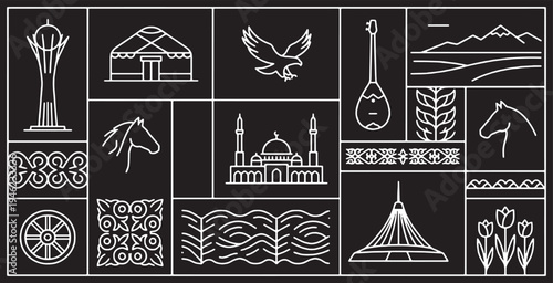 Kazakhstan cultural symbols and landmarks in a minimalist line art style on a black background.