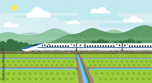 Flat Illustration of a High Speed Bullet Train Passing Through Japanese Rice Fields