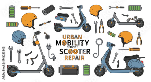 Collection of electric scooter parts and tools for urban mobility scooter repair