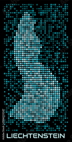 Liechtenstein digital dotted map. Shape of the country in cyan color palette on dark background. Futuristic Liechtenstein map design. Vector illustration.