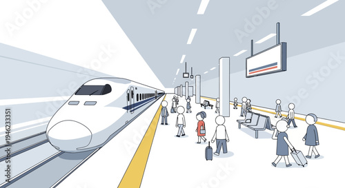 High Speed Bullet Train Arriving at Modern Subway Station Platform with Commuters