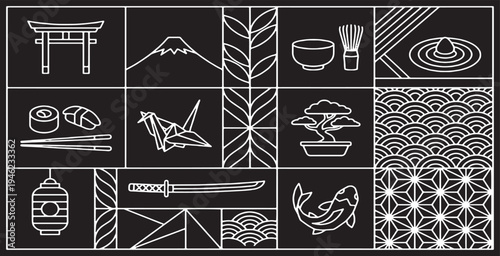 Collection of Japanese cultural icons and symbols in a minimalist white line art style on a black background.