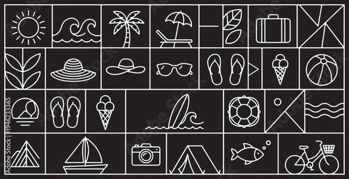 A collection of summer vacation icons and symbols arranged in a grid on a black background.