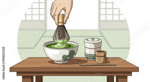 Hand whisking traditional matcha green tea in a bowl