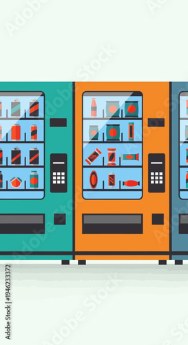 Flat Vector Illustration of Modern Vending Machines with Snacks and Drinks