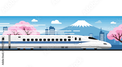 High Speed Bullet Train Moving Past Mount Fuji and Cherry Blossoms