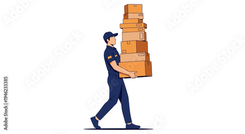 A delivery person in a blue uniform carrying a tall stack of cardboard boxes, walking against a white background.