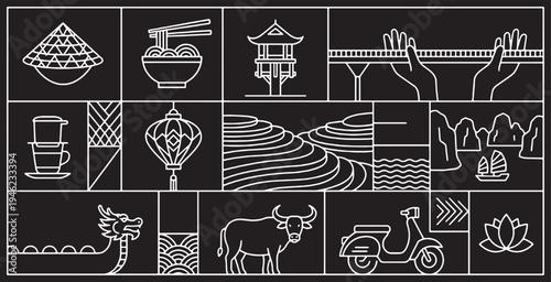 A collection of iconic Vietnamese cultural symbols and landmarks presented in a minimalist line art style on a black background.