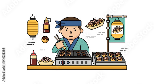Japanese Street Food Vendor Cooking Takoyaki Octopus Balls