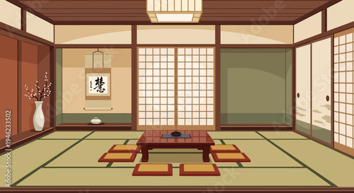 Traditional Japanese Interior Room with Tatami Mats and Shoji Screens