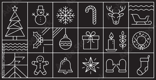 A collection of festive Christmas icons and symbols arranged in a grid on a dark background.