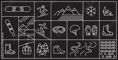 Collection of winter sport icons and symbols, including snowboarding, skiing, and mountain elements, presented in a clean, line-art style on a dark background.