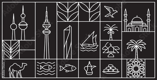 Kuwaiti cultural symbols and landmarks illustrated in a minimalist white line art style on a black background.