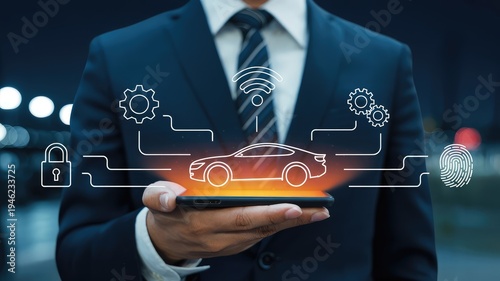A professional businessman in a dark suit holds a smartphone displaying a glowing outline of a car with digital icons for wireless