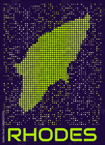 Rhodes dots map. Greece. Digital style shape of the island. Rhodes map and title lime colored square dots with round corners. Stylish Vector Illustration.