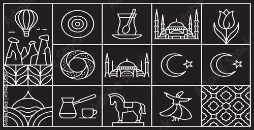 Collection of Turkish cultural icons and symbols in a minimalist line art style on a black background.