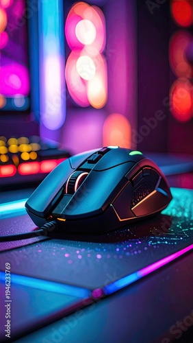 Ergonomic gaming mouse on RGB mousepad with neon lighting setup providing enhanced control and precision for competitive online games