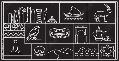 A collage of iconic symbols representing Qatar's culture, heritage, and modern development.