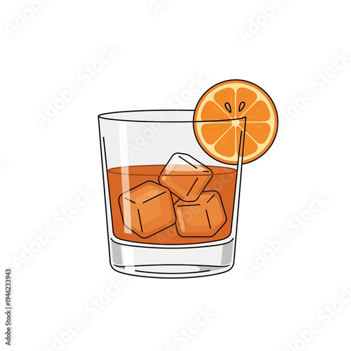 Refreshing orange cocktail with ice cubes and slice garnish in a glass, isolated on white background.