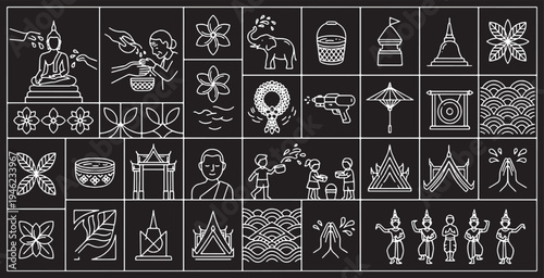 Collection of Thai cultural symbols and icons, including religious figures, traditional motifs, and festival elements, presented in a clean line art style on a black background.