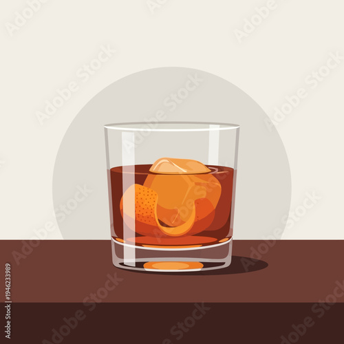 Old Fashioned Cocktail with Orange Peel and Ice Cube in Glass