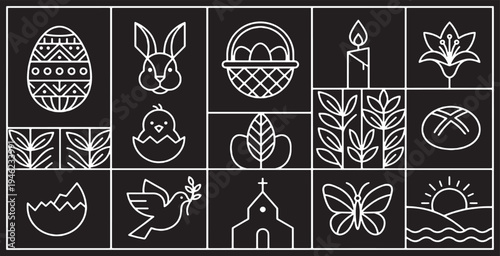 Collection of Easter-themed line art icons and symbols on a black background.