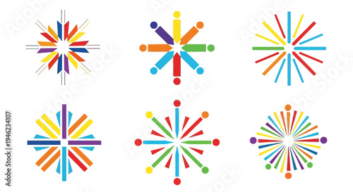 Colorful fireworks burst icons with radiant lines and dots in various colors on a white background, conveying a festive and celebratory mood.