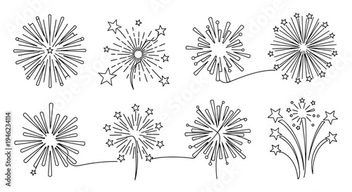 A set of eight black and white line drawings of fireworks bursts with star explosions and sparkles on a plain white background.