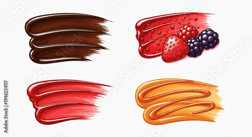 Collection of delicious, realistic food smears showcasing chocolate, berries, strawberry, blackberry, and caramel flavors, perfect for culinary themes and dessert presentations