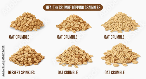 A diverse collection of natural and healthy oat crumble and dessert sprinkle ingredients, ideal for baking, breakfast toppings, and wholesome snack enhancements