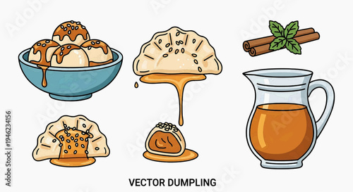 Delicious dumplings and sweet treats with spices and beverages, perfect for culinary illustrations and food blogs