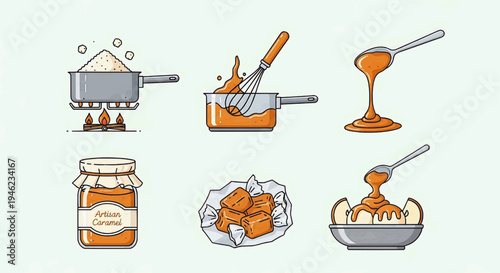 Illustrations of caramel making process with ingredients and finished products