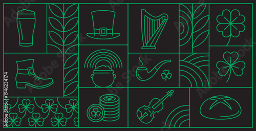 St. Patrick's Day Icons Collage with Traditional Irish Symbols on Black Background.