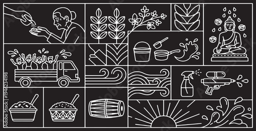 Collection of Line Art Icons Representing Thai Culture and Traditions, Including Songkran Festival Elements.