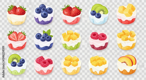 Delicious and vibrant collection of miniature fruit tarts and sweet dessert cups, artfully illustrated with various fresh fruit toppings like berries, mango, and kiwi