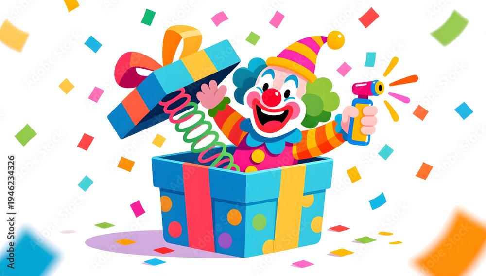 Obraz premium April Fools Day prank gift box with clown spring