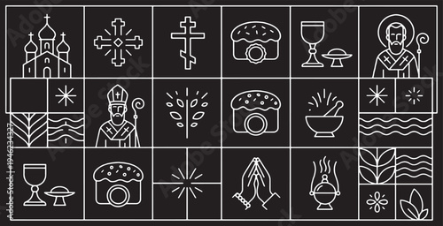 Collection of Orthodox Christian Symbols and Icons in a Linear Style on a Black Background.