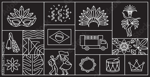 Collection of Brazilian Carnival Icons and Symbols on a Black Background.
