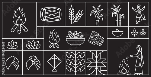 Lohri Festival Symbols and Elements Collection in Line Art Style.