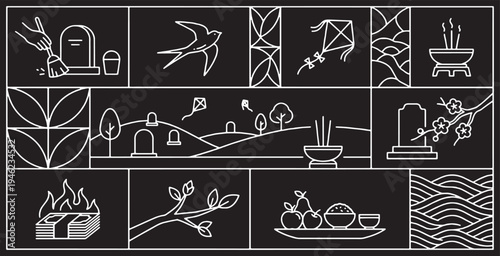 A collection of line art icons representing traditional Chinese tomb-sweeping day rituals and symbols.