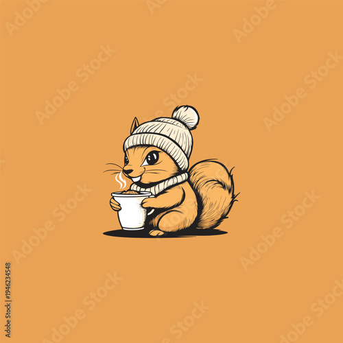 Hand-drawn vintage engraving illustration of a cute squirrel wearing a winter beanie hat and holding a hot cup of coffee or tea