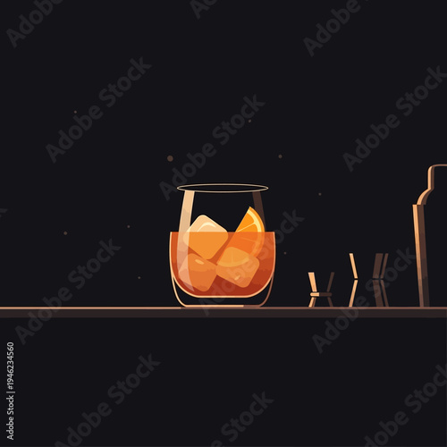 Pixel art cocktail with orange slice and ice in a glass on a bar counter